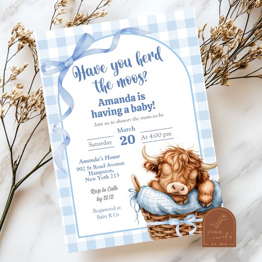 Blauwe Preppy Gingham Koe Baby Shower Kaart