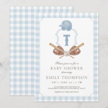 Blauwe Preppy Honkbal Crest Baby Shower Uitnodigin