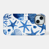 Blauwe preppy schelpen zeesterren iPhone 15 case (Achterkant horizontaal)