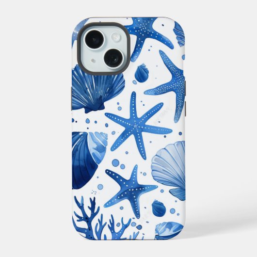 Blauwe preppy schelpen zeesterren iPhone 15 case (Achterkant)