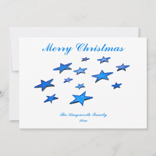 Blauwe pretsterren met aanpasbare tekst (Voorkant)