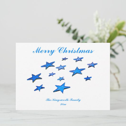 Blauwe pretsterren met aanpasbare tekst (Staand voorkant)