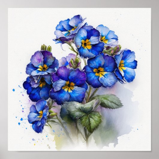 Blauwe Primrose Bloemen Art Print Poster (Voorkant)