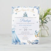 Blauwe prinses jurk verjaardagsfeestje uitnodigen kaart (Staand voorkant)