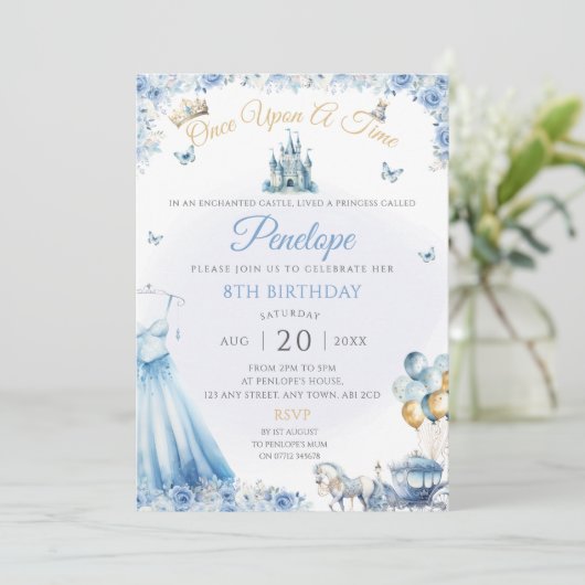 Blauwe prinses jurk verjaardagsfeestje uitnodigen kaart (Staand voorkant)
