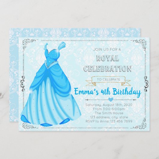 Blauwe prinses op de verjaardagsuitnodiging kaart (Voorkant / Achterkant)