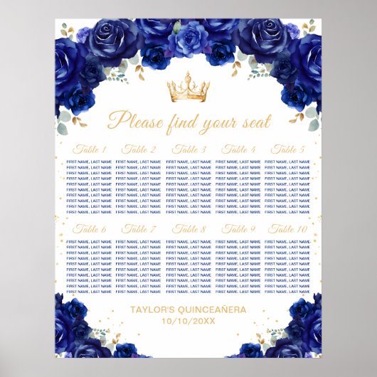 Blauwe Prinses Quinceañera 10 tafels Zitplaatskaar Poster (Voorkant)