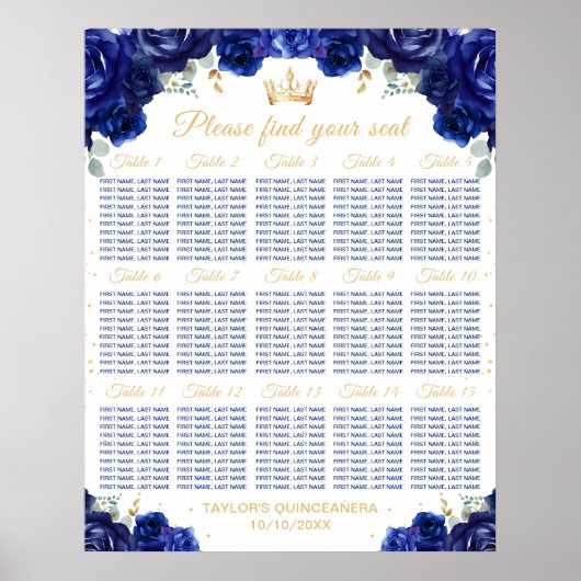 Blauwe Prinses Quinceañera 15 tafels Zitplaatskaar Poster (Voorkant)