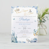 Blauwe prinses verjaardagsfeest nodigt sprookje ui kaart (Staand voorkant)