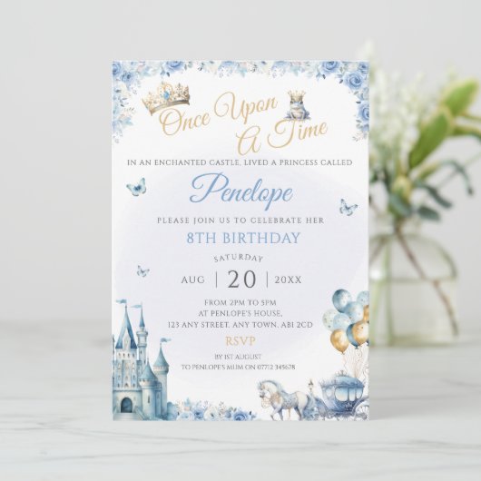 Blauwe prinses verjaardagsfeest nodigt sprookje ui kaart (Staand voorkant)