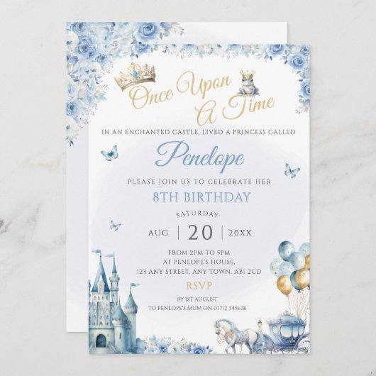 Blauwe prinses verjaardagsfeest nodigt sprookje ui kaart (Voorkant / Achterkant)