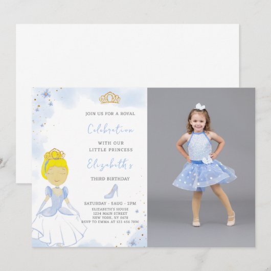 Blauwe Prinses Verjaardagsuitnodiging Met foto Kaart (Voorkant / Achterkant)