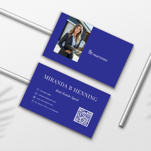 Blauwe professionele foto QR-code voor vastgoedmak Visitekaartje