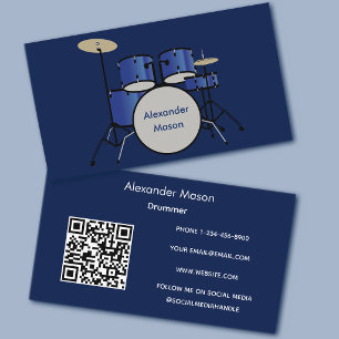 Blauwe Professionele Muzikant Drummer QR Code Visitekaartje