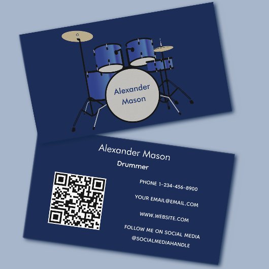 Blauwe Professionele Muzikant Drummer QR Code Visitekaartje