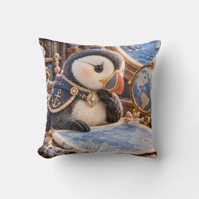 Blauwe Puffin Zeekaart Kamer Globe Kussen (Voorkant)