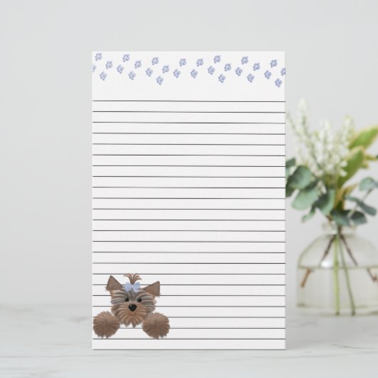 Blauwe puppy- en blauw-schilderafdrukken gelijnd briefpapier (Staand voorkant)