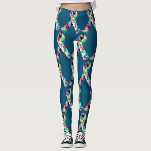 Blauwe puzzel-autisme-lint leggings (Voorkant)