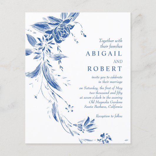 Blauwe QR code bloemenbudget bruiloft uitnodiging (Voorkant)