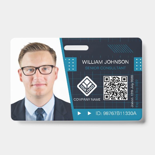 Blauwe QR-code Foto-ID-badge | bedrijfsmedewerker Badge (Front)