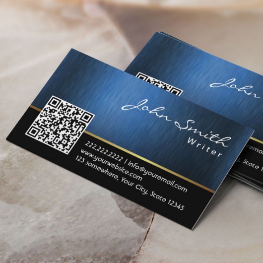 Blauwe QR-code voor professionele schrijver Visitekaartje