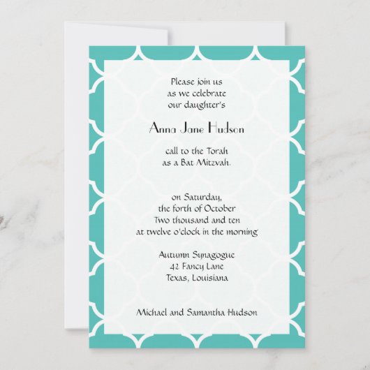 Blauwe Quatrefoil, Marokkaans Traliewerk, Bat Mitz Kaart (Voorkant)