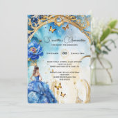 Blauwe Quinceañera balgons glitter vlinder Kaart (Staand voorkant)