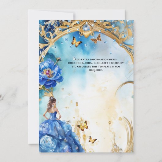 Blauwe Quinceañera balgons glitter vlinder Kaart (Achterkant)