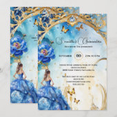 Blauwe Quinceañera balgons glitter vlinder Kaart (Voorkant / Achterkant)