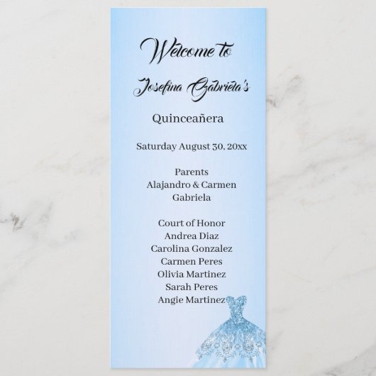 Blauwe Quinceanera dubbelzijdige programmakaart (Voorkant)