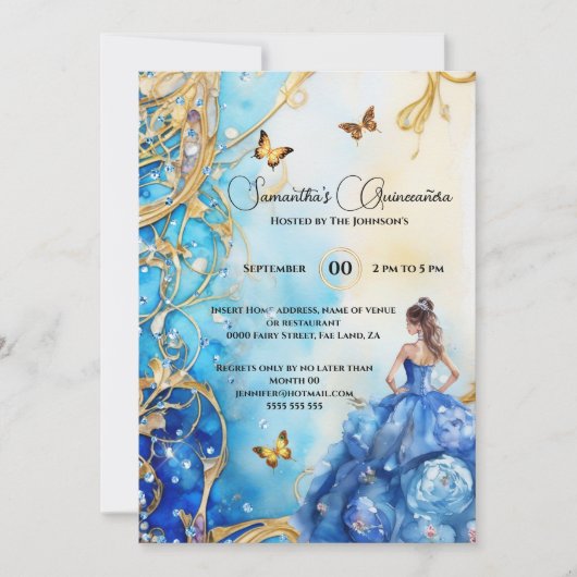 Blauwe Quinceañera glitter balgons vlinder bloemen Kaart (Voorkant)