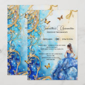 Blauwe Quinceañera glitter balgons vlinder bloemen Kaart (Voorkant / Achterkant)