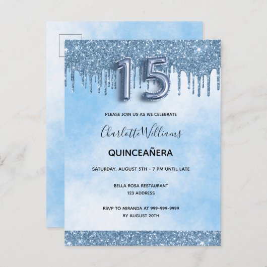 Blauwe quinceanera glitter elegant luxueus uitnodiging briefkaart (Voorkant / Achterkant)