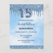 Blauwe quinceanera glitter elegant luxueus uitnodiging briefkaart (Voorkant)