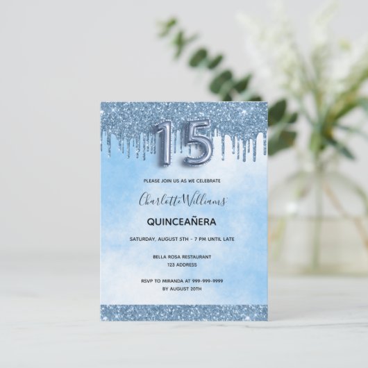 Blauwe quinceanera glitter elegant luxueus uitnodiging briefkaart (Staand voorkant)