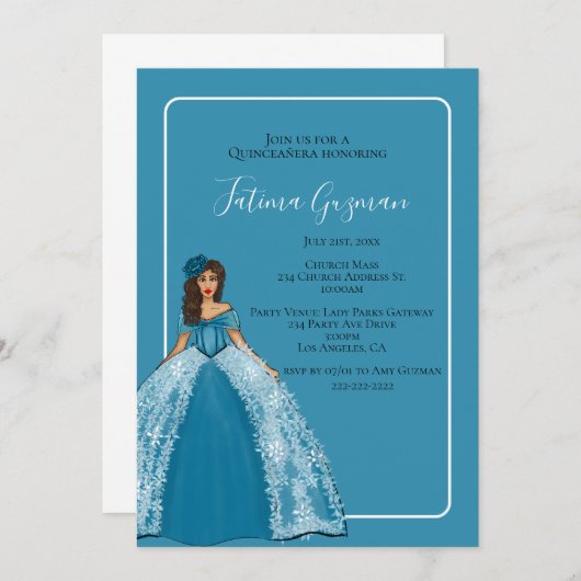 Blauwe Quinceañera Met Bloemen Quince Kaart (Voorkant / Achterkant)