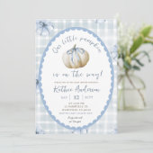 Blauwe Quirky Gingham Pompoen Baby Shower Kaart (Staand voorkant)