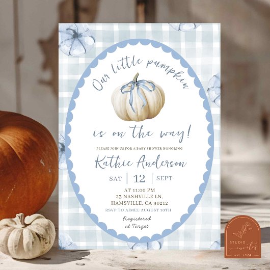 Blauwe Quirky Gingham Pompoen Baby Shower Kaart