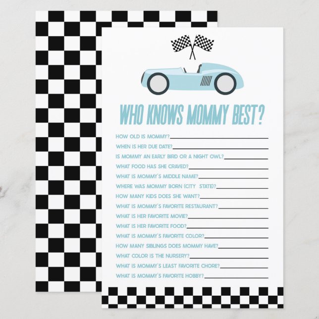 Blauwe Race Auto die weet mama Baby shower spel (Voorkant / Achterkant)