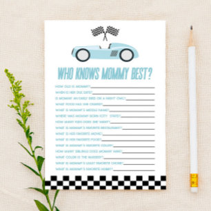 Blauwe Race Auto die weet mama Baby shower spel