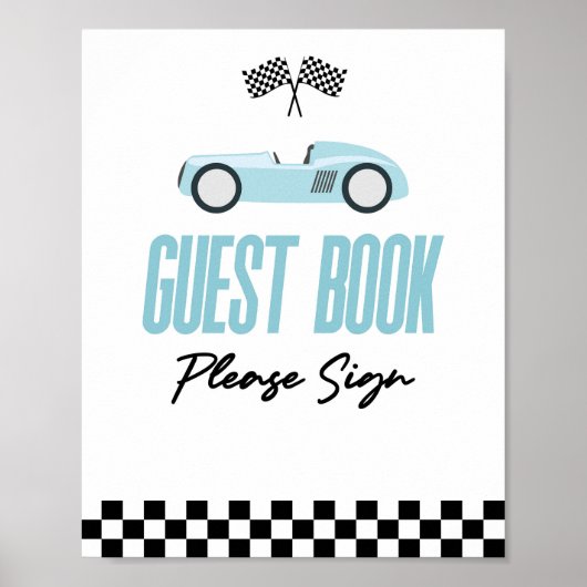 Blauwe Race Auto Gast Boek Party Sign Poster (Voorkant)
