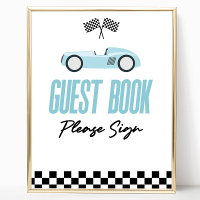 Blauwe Race Auto Gast Boek Party Sign