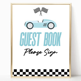 Blauwe Race Auto Gast Boek Party Sign Poster