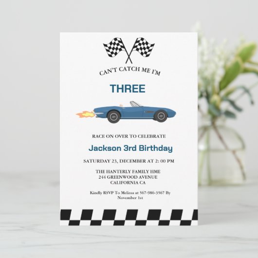 Blauwe Race Auto Jongen 3e Verjaardagsfeestje Kaart (Staand voorkant)