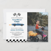 Blauwe Race Auto Jongen 3e Verjaardagsfeestje Kaart (Voorkant)