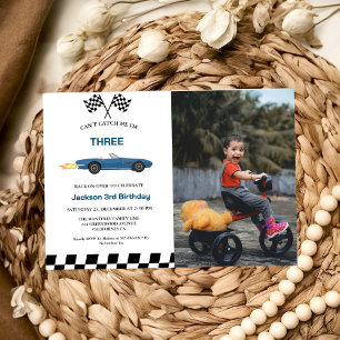 Blauwe Race Auto Jongen 3e Verjaardagsfeestje Kaart