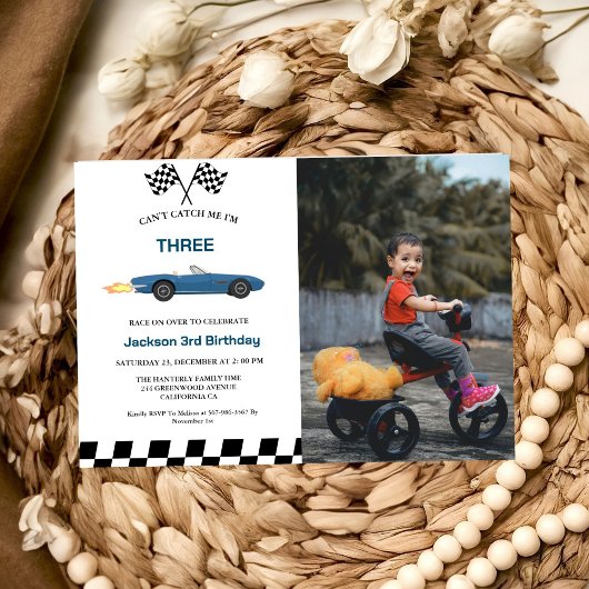 Blauwe Race Auto Jongen 3e Verjaardagsfeestje Kaart