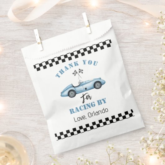 Blauwe race auto jongen racen verjaardag bedankt bedankzakje (Geknipt)
