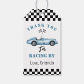 Blauwe race auto jongen racen verjaardag bedankt cadeaulabel (Voorkant)