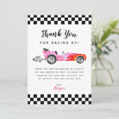 Blauwe Race Auto Meisje Verjaardagsfeest Bedankkaart (Staand voorkant)